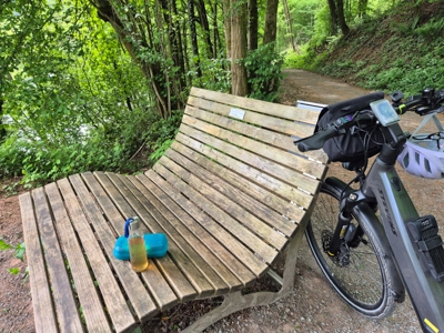 Eine geschwungene Holzbank steht an einem Waldweg. Darauf liegen eine kleine blaue Trinkflasche und ein Getränk. Rechts daneben lehnt ein Fahrrad mit Helm am Lenker. The scene is green and peaceful.