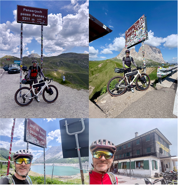 Collage von 4 Bildern auf dem die Alpenpasstour mit dem Fahrrad dokumentiert wird.